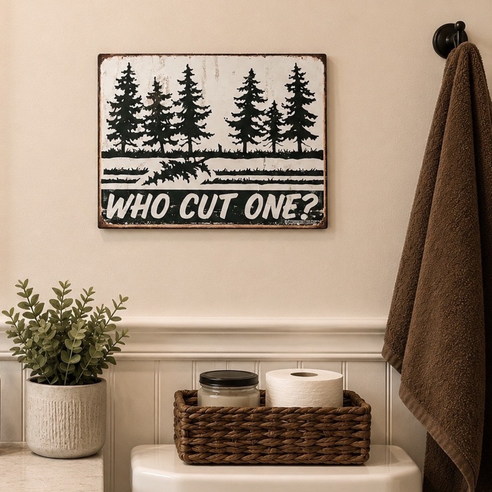 Rustic Lodge Bathroom Pine Tree Metal‎ Wall Art Sign "Who Cut One?" 16x12 Humor